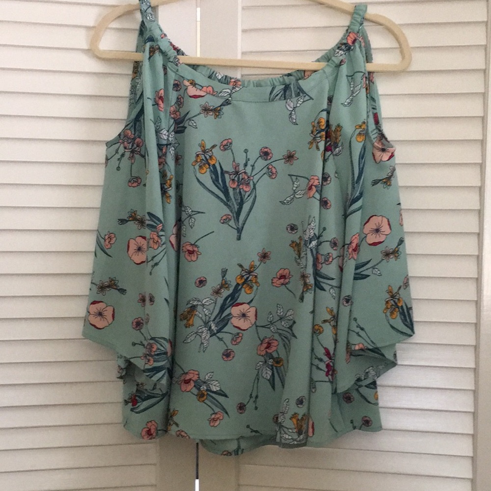 Copper Key Mint Green Floral Cold-Shoulder Top